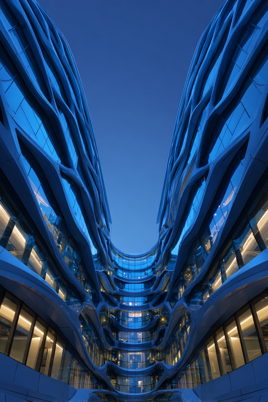 Modern blue architectural atrium showcasing innovative real estate design